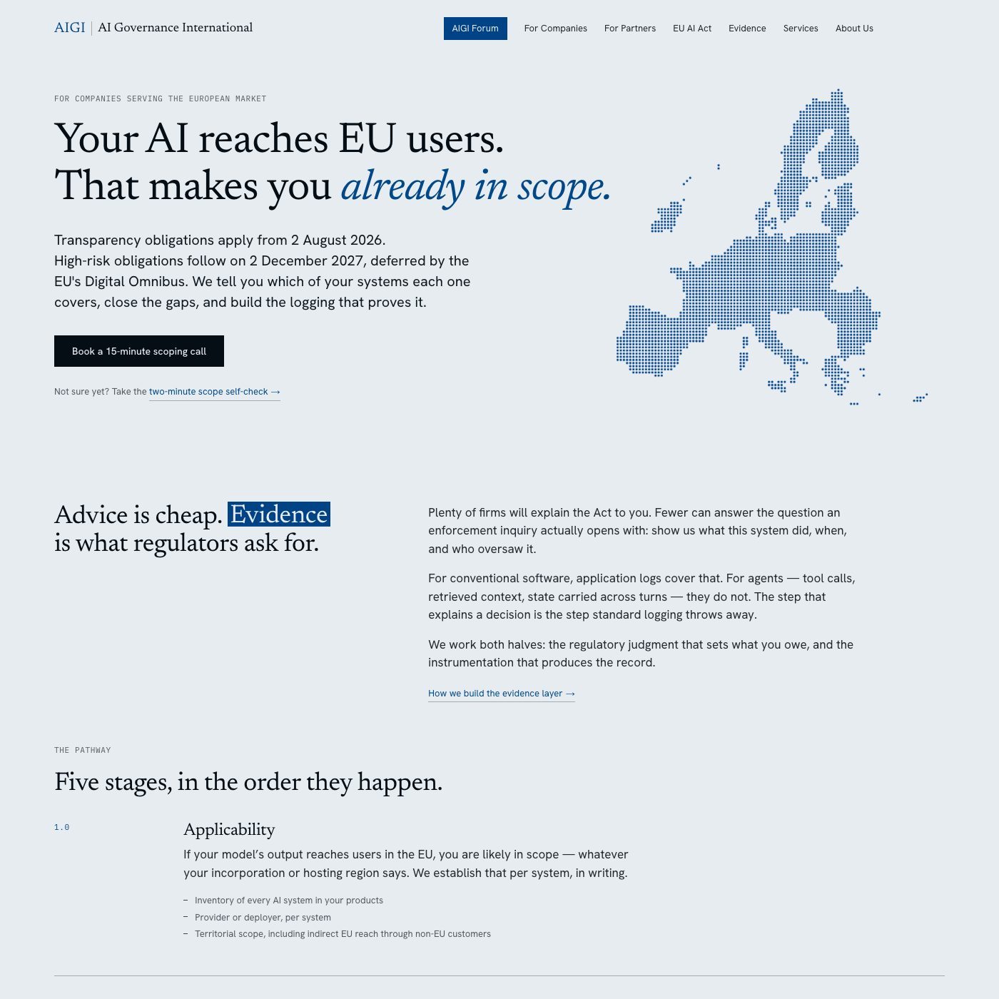 Homepage of the AI Governance International website: “Your AI reaches EU users. That makes you already in scope.”
