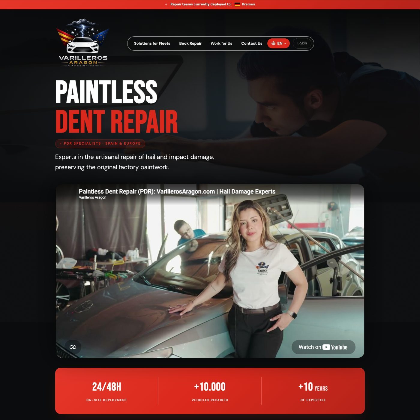 Homepage of the Varilleros Aragón website: “Paintless Dent Repair.”