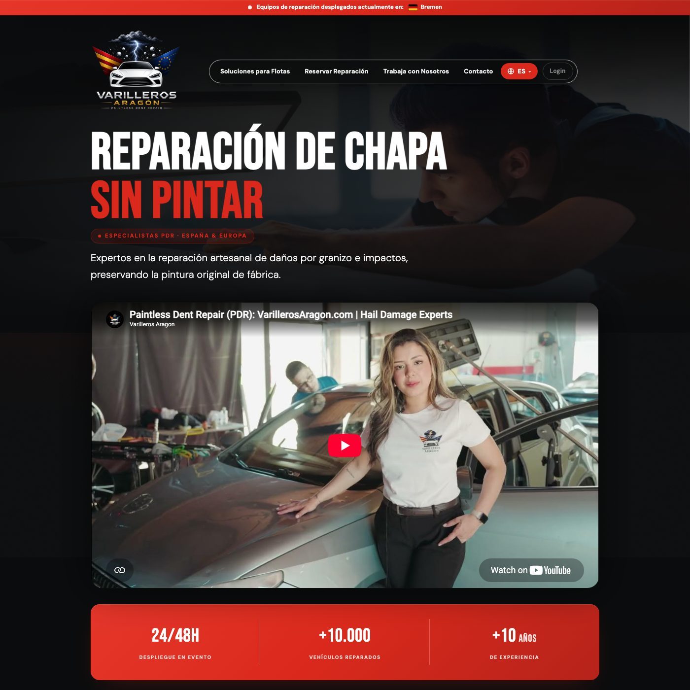 Página de inicio del sitio web de Varilleros Aragón: “Reparación de chapa sin pintar.”