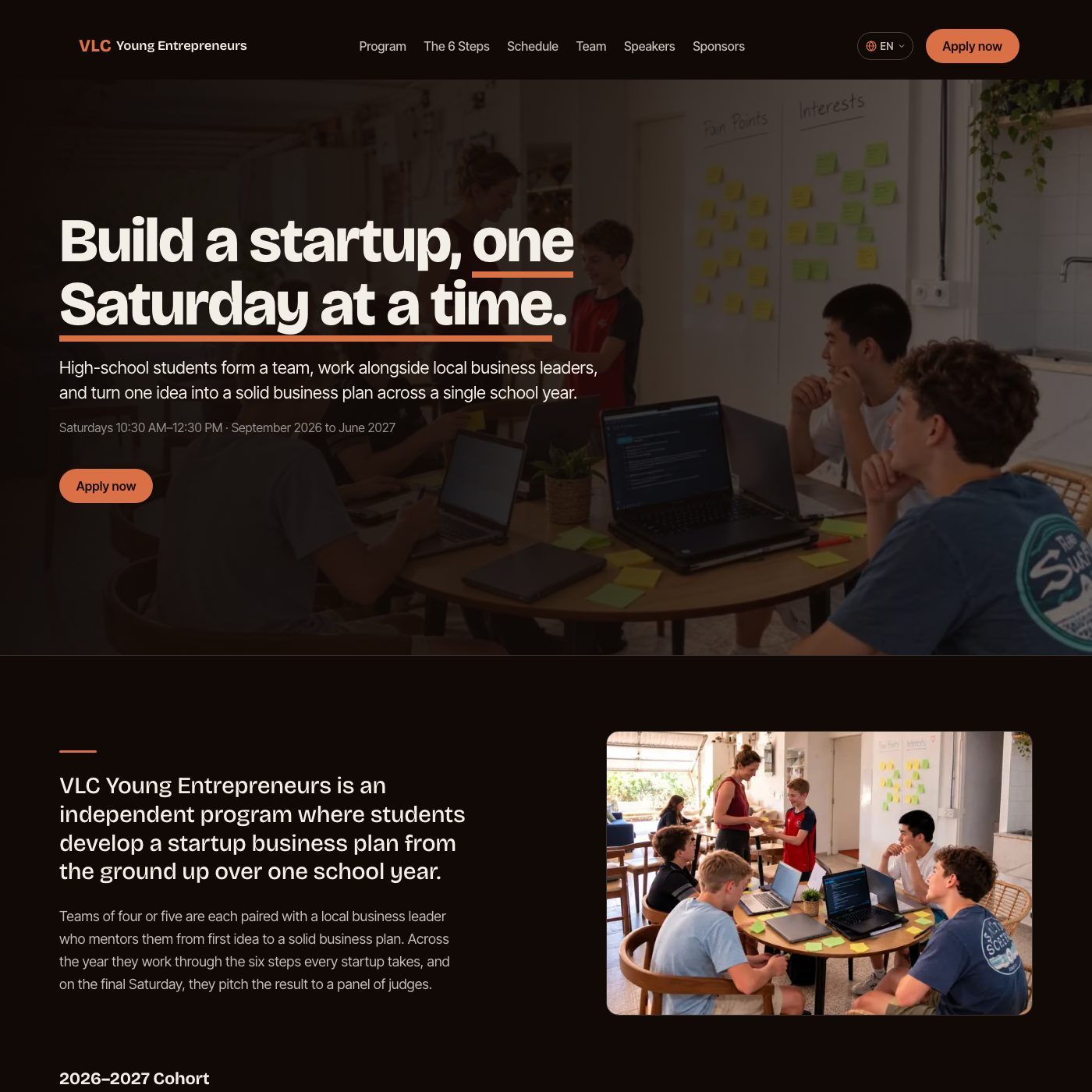 Homepage of the VLC Young Entrepreneurs website: “Build a startup, one Saturday at a time.”