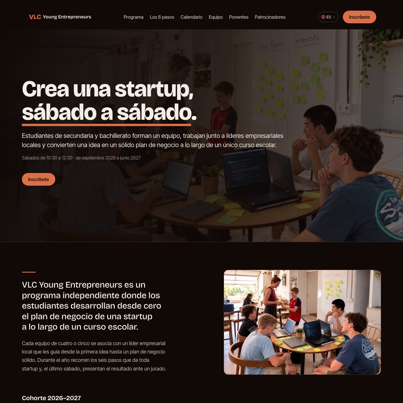 Página de inicio del sitio web de VLC Young Entrepreneurs: “Crea una startup, sábado a sábado.”