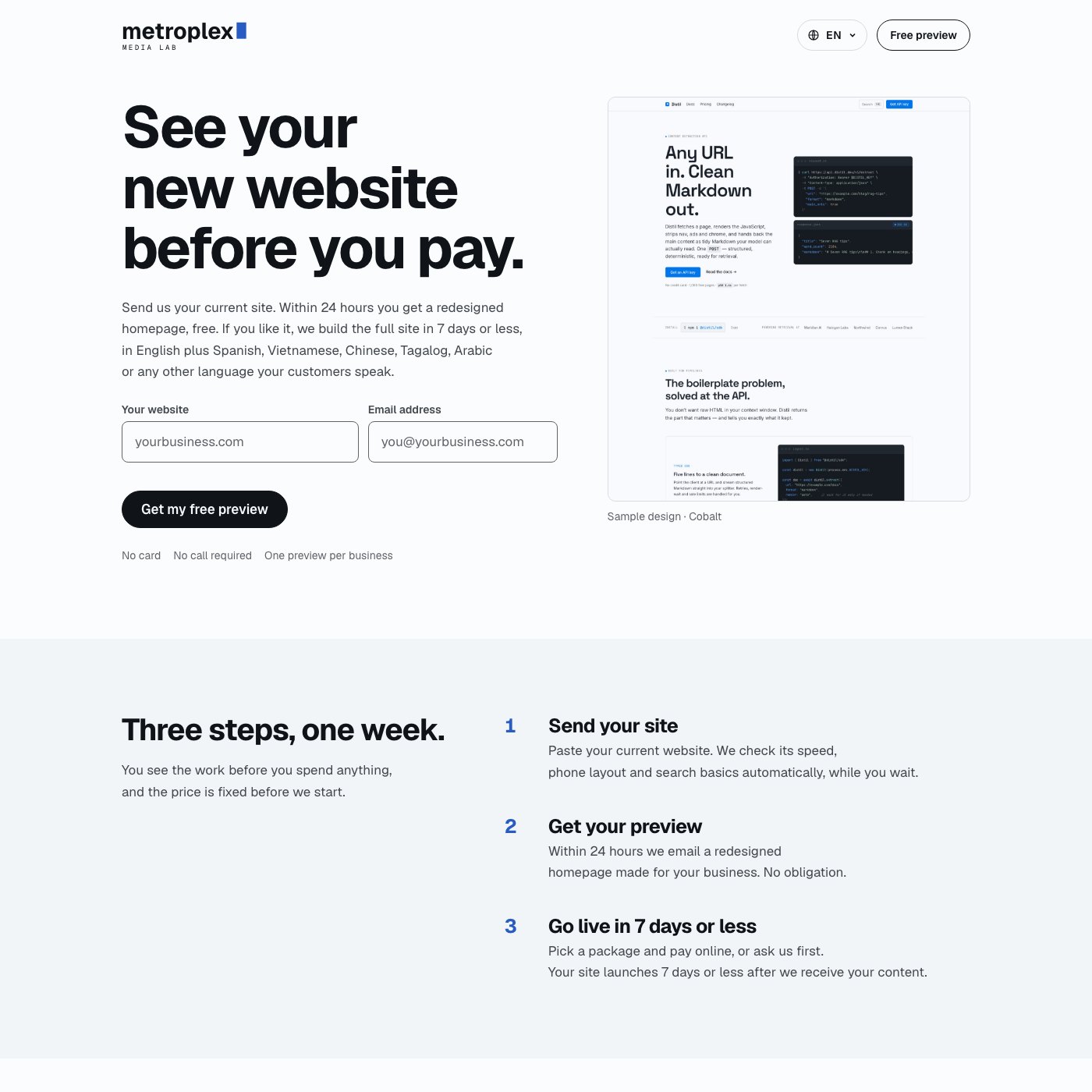 Metroplex Media Lab homepage in English: “See your new website before you pay.”