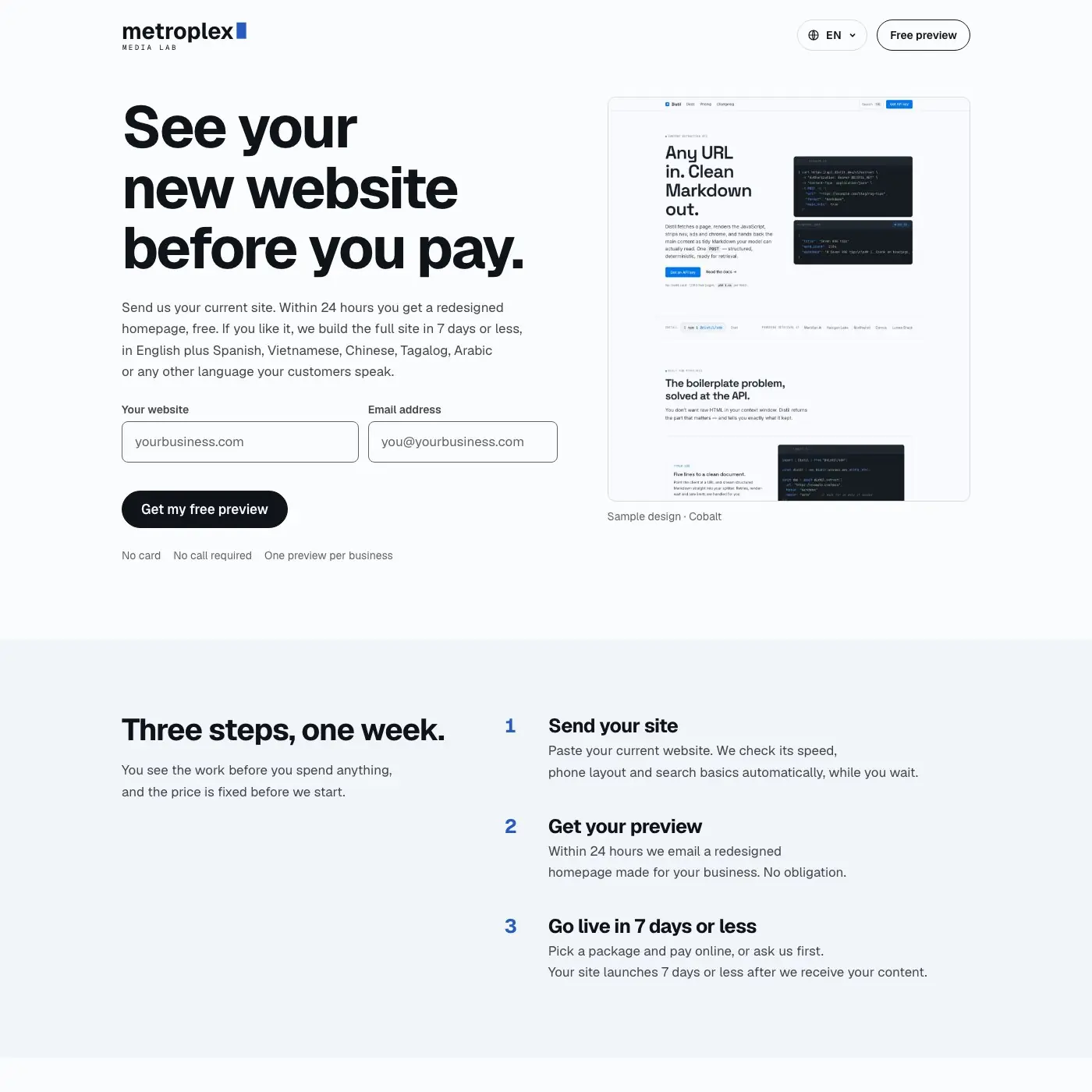 Trang chủ Metroplex Media Lab bằng tiếng Anh: “See your new website before you pay.”