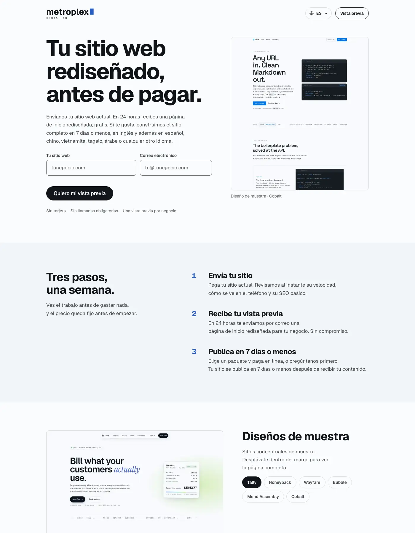 Página de inicio en español de Metroplex Media Lab: “Tu sitio web rediseñado, antes de pagar.”