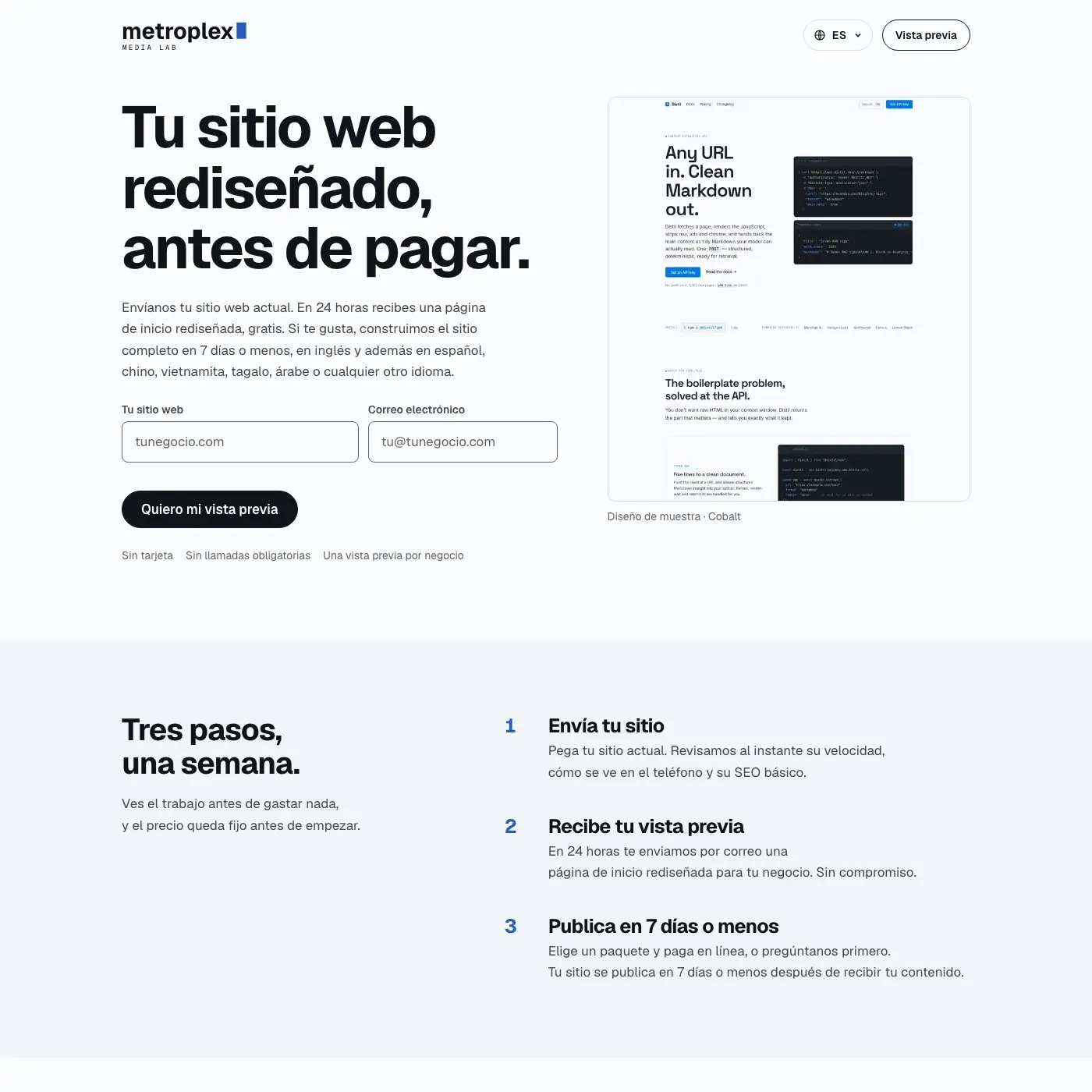 La misma página en español: “Tu sitio web rediseñado, antes de pagar.”
