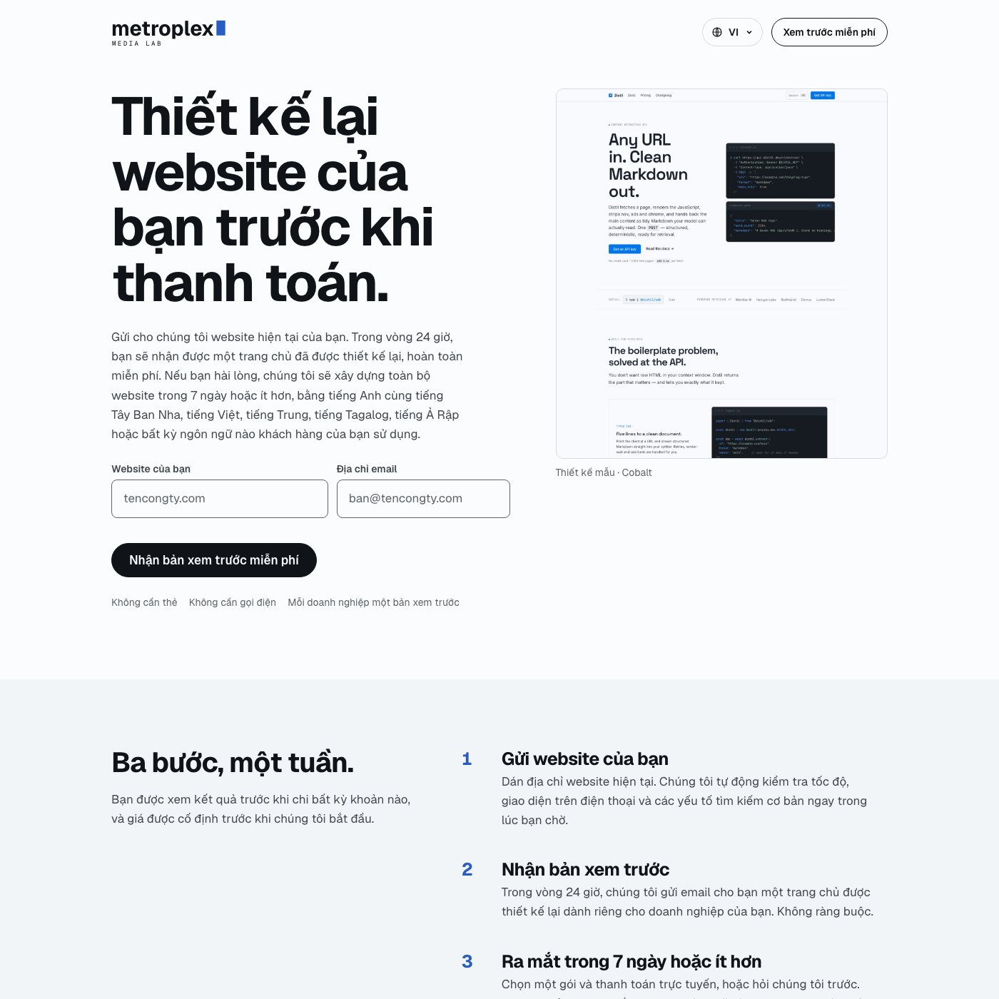 The Vietnamese homepage of Metroplex Media Lab: “Thiết kế lại website của bạn trước khi thanh toán.”