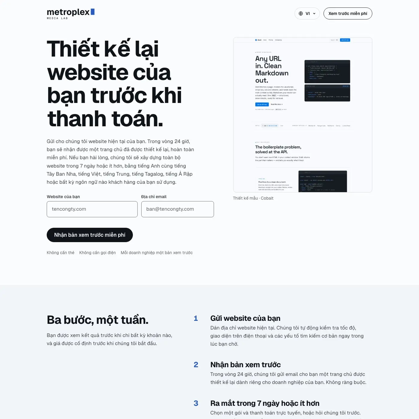 Trang chủ tiếng Việt của Metroplex Media Lab: “Thiết kế lại website của bạn trước khi thanh toán.”
